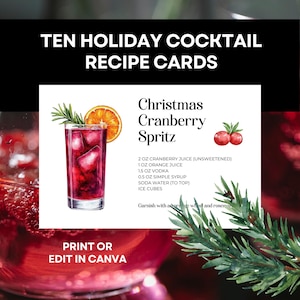 Schede di ricette per cocktail per le feste, modello di scheda di ricette per cocktail fai da te Canva, modello di scheda di ricette per cocktail modificabile, cocktail per feste di Natale