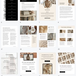 May include: A digital guide with a beige background and a woman in a white dress. The guide includes sections titled "Introduction", "Four Sections with Images", "Download My How-To Guide", and "How This Guide Can Help You".