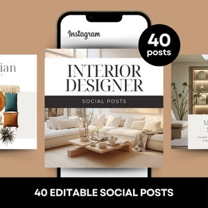 May include: A set of 40 editable social media posts for interior designers. The posts feature images of modern living rooms and include text about interior design.