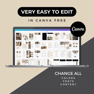 May include: A laptop screen displaying a Canva design template for a digital planner. The template features a neutral colour palette with beige and brown tones. The text on the screen reads "Enticing text here... & Aesthetic". The text below the laptop reads "VERY EASY TO EDIT IN CANVA FREE" and "CHANGE ALL COLOURS FONTS CONTENT".