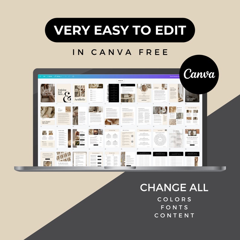May include: A laptop screen displaying a Canva design template for a digital planner. The template features a neutral colour palette with beige and brown tones. The text on the screen reads "Enticing text here... & Aesthetic". The text below the laptop reads "VERY EASY TO EDIT IN CANVA FREE" and "CHANGE ALL COLOURS FONTS CONTENT".