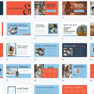 May include: A presentation template with 20 slides featuring a blue and orange color scheme. The slides include text, images, and charts. The text includes phrases like "Amazing title here", "I'm happy you're here", "Why you are here today", "What you will learn today", "bonus", "stats", "statistics", "work book", and "In this lesson, you will learn..."