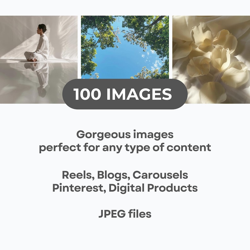 May include: A collection of 100 high-quality JPEG images perfect for use in social media, blogs, and digital products. The images feature a variety of subjects, including nature, lifestyle, and abstract designs.