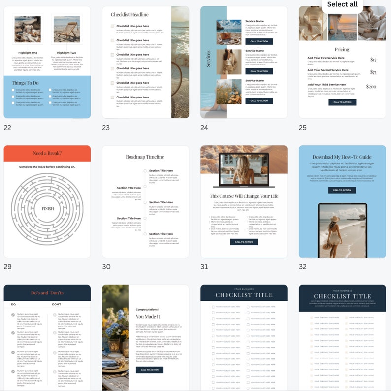 May include: A digital planner with a checklist, roadmap timeline, and pricing information. The planner features a beach theme with images of the ocean, sand, and palm trees. The text "Select all" is at the top of the page.