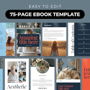 May include: A 75-page ebook template with a minimalist design. The cover features a woman in a white dress standing in a desert landscape. The title of the ebook is "Amazing title here" and the subtitle is "Subtitle here". The template includes a table of contents, introduction, and chapters. The template is easy to edit and customize.