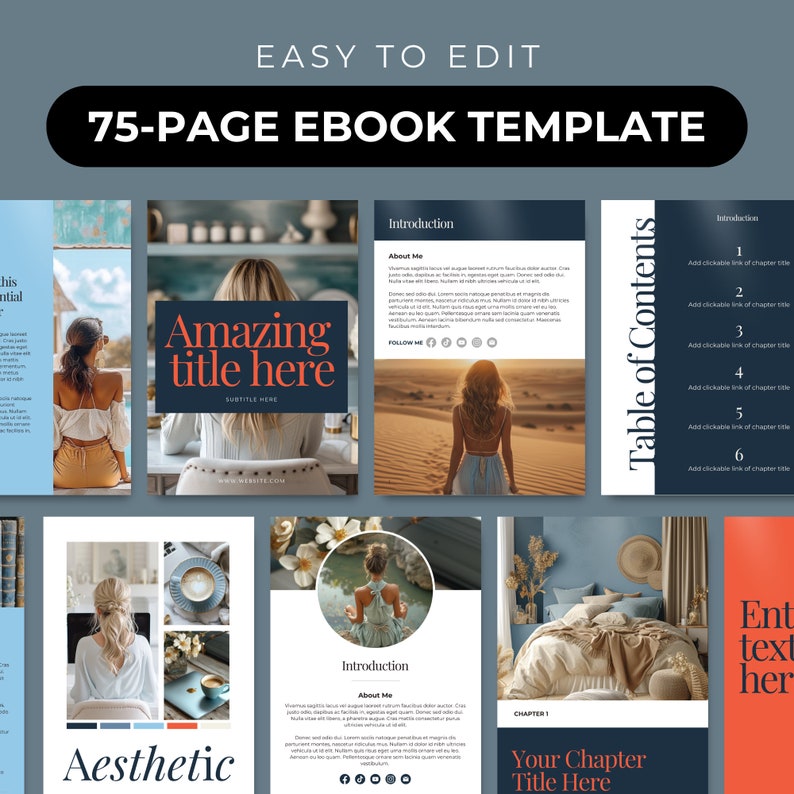 May include: A 75-page ebook template with a minimalist design. The cover features a woman in a white dress standing in a desert landscape. The title of the ebook is "Amazing title here" and the subtitle is "Subtitle here". The template includes a table of contents, introduction, and chapters. The template is easy to edit and customise.