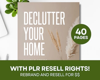 May include: A beige book cover with the text "Declutter Your Home" and "40 Pages" in white text. The book cover has a photo of dried pampas grass in a vase. The text "WITH PLR RESELL RIGHTS! REBRAND AND RESELL FOR $$" is on a green bar at the bottom of the image.