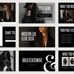 May include: A black and white presentation slide deck with the title "MODERN LUX SLIDE DECK" and the website address "www.WEBSITE.COM".