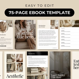 May include: A 75-page ebook template with a beige and brown color scheme. The cover features a woman holding a book and the text "Amazing title here". The template includes a table of contents, introduction, and chapter pages. The text "Your Chapter Title Here" is on one of the pages.