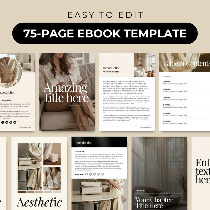 May include: A 75-page ebook template with a beige and brown colour scheme. The cover features a woman holding a book and the text "Amazing title here". The template includes a table of contents, introduction, and chapter pages. The text "Your Chapter Title Here" is on one of the pages.