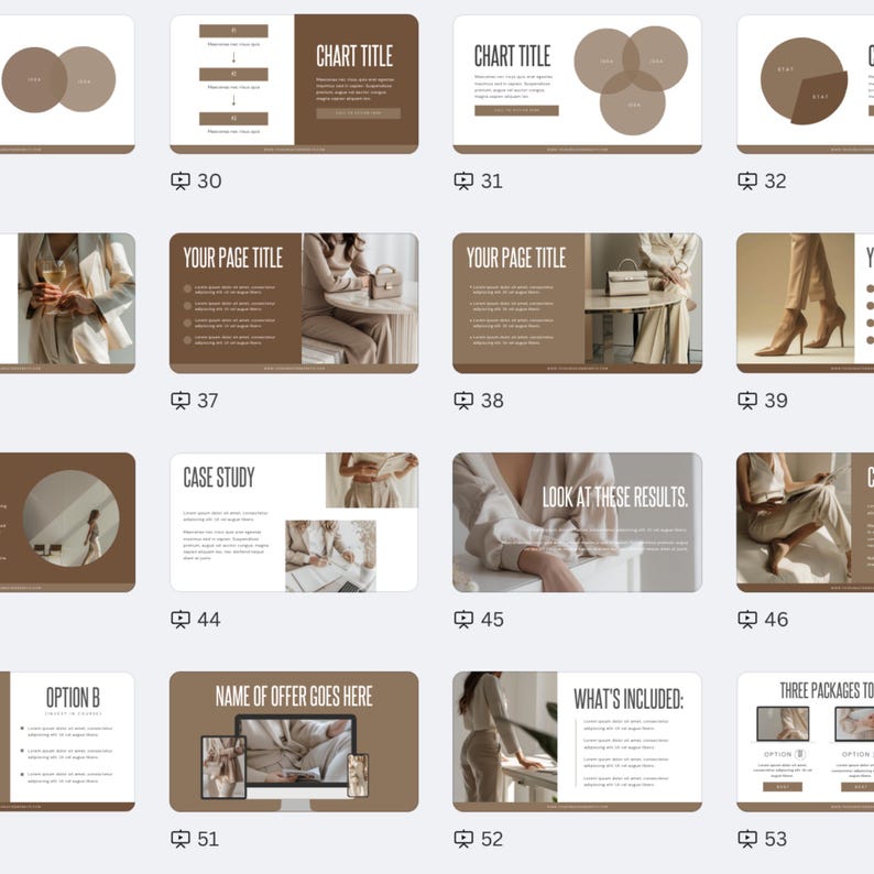 May include: A presentation slide deck with a brown and beige color scheme. The slides feature text, charts, and images of a woman in a beige outfit. The text on the slides includes "Chart Title", "Your Page Title", "Case Study", "Look at these results", "Name of Offer Goes Here", "What's Included", and "Three Packages to Choose From".