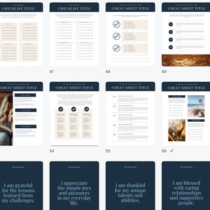 May include: A set of printable digital planner pages with a blue and white colour scheme. The pages include checklists, cheat sheets, and affirmations. The text on the pages includes "Checklist Title", "Cheat Sheet Title", and "Affirmations".