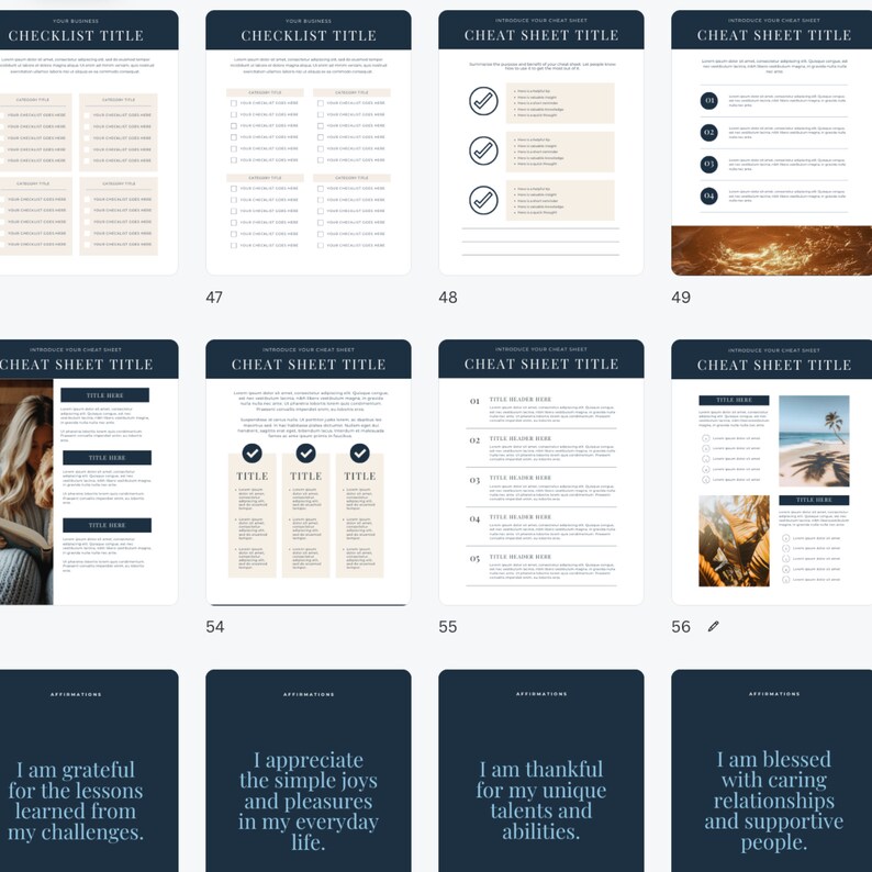 May include: A set of printable digital planner pages with a blue and white colour scheme. The pages include checklists, cheat sheets, and affirmations. The text on the pages includes "Checklist Title", "Cheat Sheet Title", and "Affirmations".