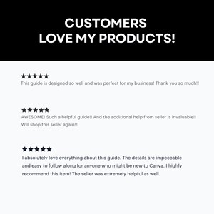 May include: Five-star reviews for a digital product. The reviews highlight the product's helpfulness, ease of use, and the seller's responsiveness. The text reads "This guide is designed so well and was perfect for my business! Thank you so much!!", "AWESOME! Such a helpful guide!! And the additional help from seller is invaluable!! Will shop this seller again!!!", and "I absolutely love everything about this guide. The details are impeccable and easy to follow along for anyone who might be new to Canva. I highly recommend this item! The seller was extremely helpful as well."