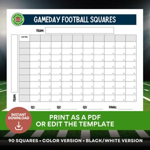 Football Squares Printable, 100 Football Pool Grids, Editable Fundraiser Template for Football Parties, Gameday Squares
