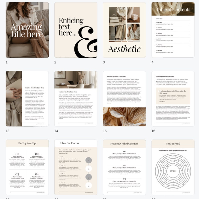 May include: A digital planner template with a beige background and black text. The template includes sections for a table of contents, the top four tips, frequently asked questions, and a need a break section with a maze.