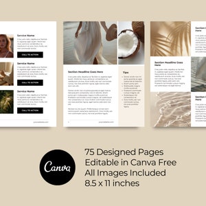 May include: A digital template for a 75-page design guide, featuring a light brown background with a white Canva logo and the text "75 Designed Pages Editable in Canva Free All Images Included 8.5 x 11 inches".
