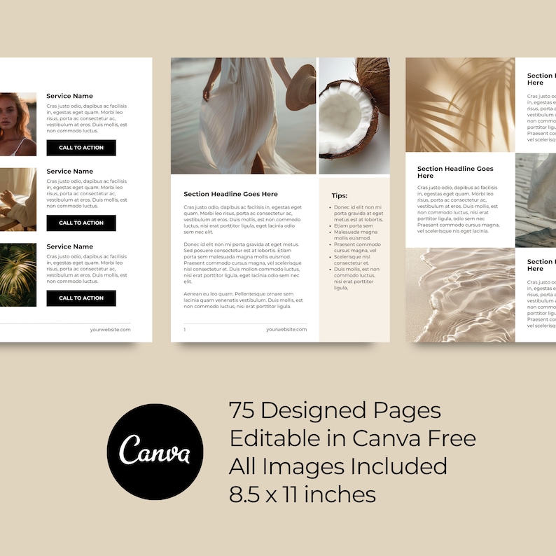 May include: A digital template for a 75-page design guide, featuring a light brown background with a white Canva logo and the text "75 Designed Pages Editable in Canva Free All Images Included 8.5 x 11 inches".