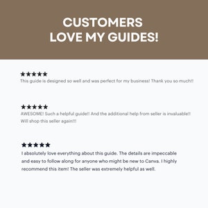 May include: Five-star reviews for a digital guide. The reviews highlight the guide's helpfulness, ease of use, and the seller's excellent customer service. The text reads "This guide is designed so well and was perfect for my business! Thank you so much!!", "AWESOME! Such a helpful guide!! And the additional help from seller is invaluable!! Will shop this seller again!!!", and "I absolutely love everything about this guide. The details are impeccable and easy to follow along for anyone who might be new to Canva. I highly recommend this item! The seller was extremely helpful as well."