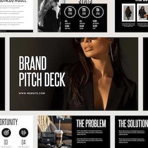 Puede incluir: Una presentación de diapositivas profesional con el título "BRAND PITCH DECK" en texto blanco grande. La dirección del sitio web se muestra a continuación. La imagen presenta a una mujer con gafas de sol y una blazer negro. Diapositivas adicionales muestran estadísticas e información del modelo de negocio.