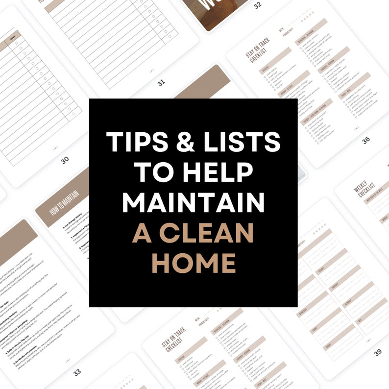 May include: A printable checklist and tips for maintaining a clean home. The checklist includes tasks like cleaning the kitchen, bathroom, and bedroom, as well as doing laundry and taking out the trash. The tips include suggestions for decluttering, organizing, and creating a cleaning schedule.