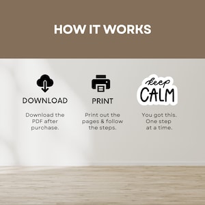 May include: A graphic showing the steps to download, print, and assemble a printable project. The graphic includes a cloud with a download arrow, a printer icon, and a sticker with the text "keep calm". The text below the icons explains the steps: "Download the PDF after purchase", "Print out the pages & follow the steps", and "You got this. One step at a time."