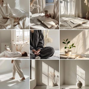 May include: A collage of nine images featuring a minimalist aesthetic. The images showcase various objects, including a book, a plant, a vase, and a person meditating. The images are all shot in a natural light setting, creating a serene and calming atmosphere.