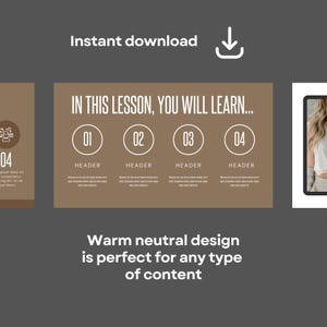 May include: A brown and white presentation slide with the text "IN THIS LESSON, YOU WILL LEARN..." and four numbered circles with the text "HEADER" in each circle. The slide also includes a photo of a woman with long blonde hair wearing a white top.