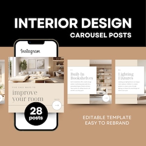 May include: A carousel post template for interior design featuring five easy ways to improve your room. The template includes a photo of a living room with a couch, coffee table, and bookshelves. The text on the template says "Five easy ways to improve your room" and "28 posts".