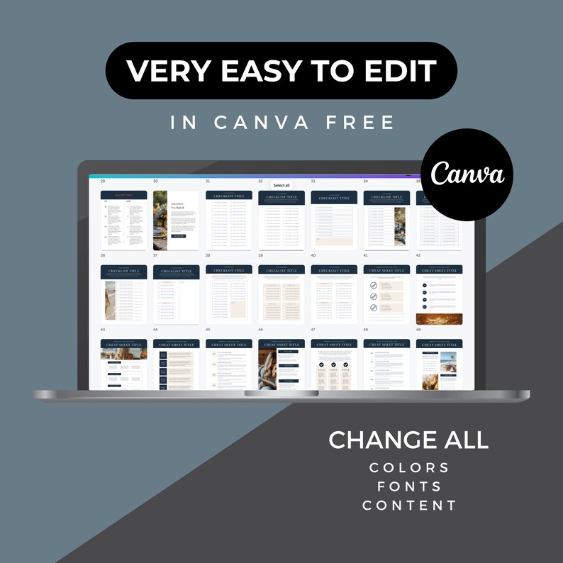 May include: A laptop screen displaying a Canva design template with the text "VERY EASY TO EDIT IN CANVA FREE" and the Canva logo. The template is a checklist with multiple pages, each with a different title and design. The text "CHANGE ALL COLORS FONTS CONTENT" is displayed below the laptop.