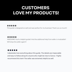 May include: Five-star reviews for a digital product. The reviews highlight the product's helpfulness, ease of use, and the seller's responsiveness. The text reads "This guide is designed so well and was perfect for my business! Thank you so much!!", "AWESOME! Such a helpful guide!! And the additional help from seller is invaluable!! Will shop this seller again!!!", and "I absolutely love everything about this guide. The details are impeccable and easy to follow along for anyone who might be new to Canva. I highly recommend this item! The seller was extremely helpful as well."