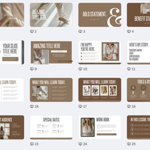 May include: A set of 10 slides for a business presentation. The slides are in a minimalist style with a brown background and white text. The slides include titles such as "Amazing Title Here", "I'm Happy You're Here", and "What You Will Learn Today".