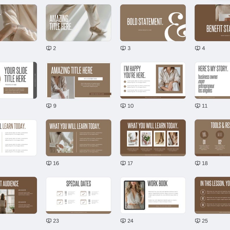 May include: A set of 10 slides for a business presentation. The slides are in a minimalist style with a brown background and white text. The slides include titles such as "Amazing Title Here", "I'm Happy You're Here", and "What You Will Learn Today".