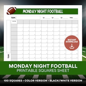 Monday Night Football Squares, Pro Football Squares, College Football, Football Squares Printable, Super Bowl Squares, Super Bowl Game, PDF
