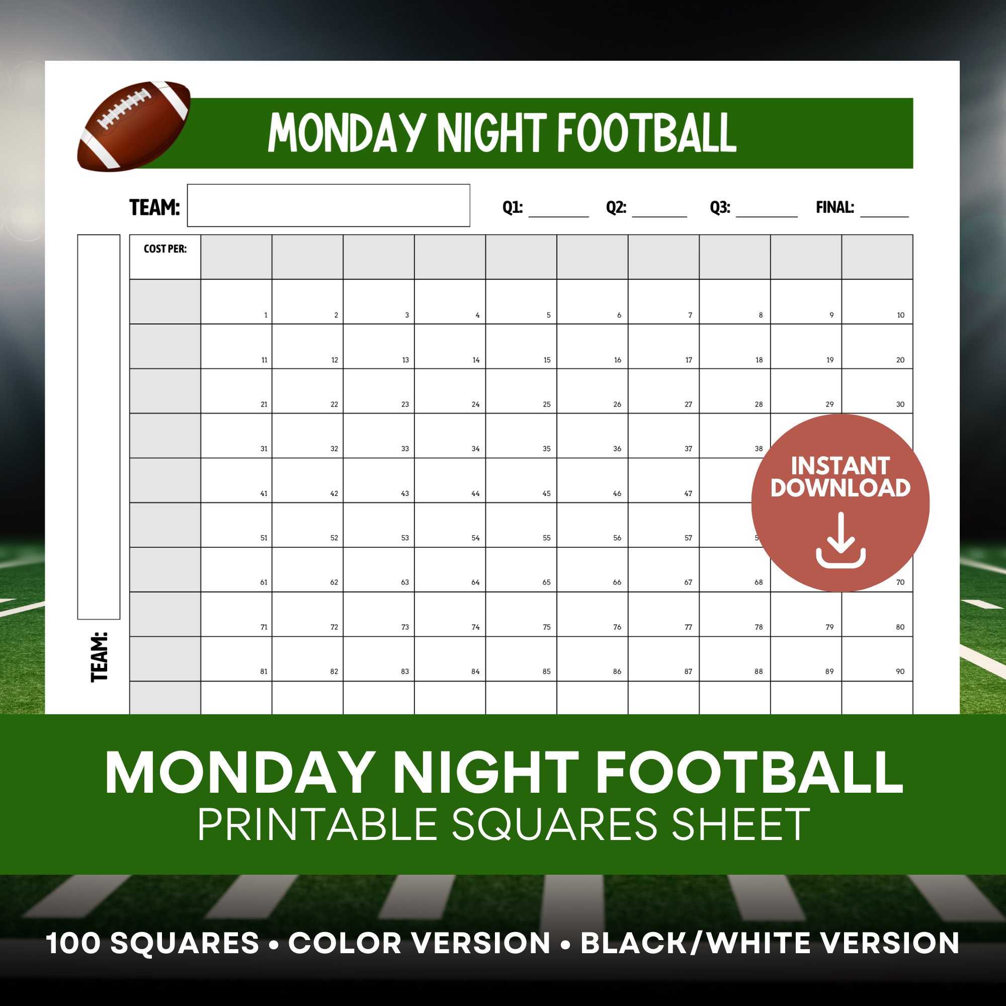 monday night football squares, printable super bowl game (pdf) - etsy