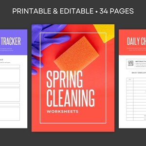 May include: Printable spring cleaning worksheets with a yellow, red, and blue color scheme. The cover image features a yellow sponge on a red background with blue rubber gloves. The text "SPRING CLEANING WORKSHEETS" is in white.