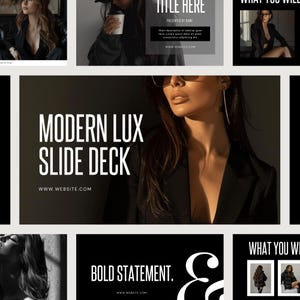 May include: A black and white image of a woman wearing a black blazer and sunglasses. The text "MODERN LUX SLIDE DECK" and "WWW.WEBSITE.COM" is displayed on a black background.