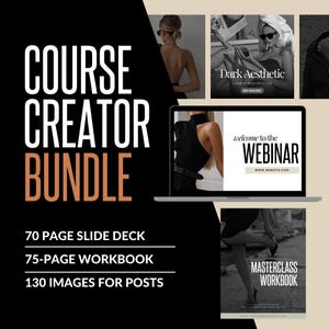 Puede incluir: Imagen promocional para un paquete de creador de cursos. La imagen presenta el texto "COURSE CREATOR BUNDLE" en blanco y naranja. Incluye una pantalla de portátil con el texto "welcome to the WEBINAR", y otras imágenes con el texto "Dark Aesthetic" y "MASTERCLASS WORKBOOK".