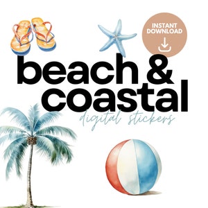 40 &quot;Beach & Coastal&quot; Digital Stickers | Transparent PNG Files | Instant Download | Digital Planners, Journals, Cards | Seaside Stickers