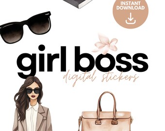 May include: Digital stickers with the text "girl boss" in black text and "digital stickers" in brown text. The stickers include a woman with brown hair wearing a beige coat and sunglasses, a brown handbag, and a white flower.