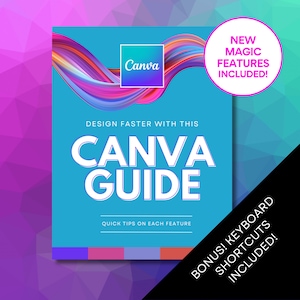 Può includere: Una guida Canva blu con un design astratto colorato e il testo "DESIGN FASTER WITH THIS CANVA GUIDE QUICK TIPS ON EACH FEATURE". La guida include anche una sezione bonus sulle scorciatoie da tastiera.