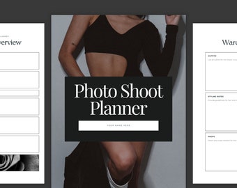 May include: A black and white printable photo shoot planner with the text "Photo Shoot Planner" and "Your Name Here".