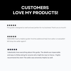 May include: Five-star reviews for a digital product. The reviews highlight the product's helpfulness, ease of use, and the seller's responsiveness. The text reads "This guide is designed so well and was perfect for my business! Thank you so much!!", "AWESOME! Such a helpful guide!! And the additional help from seller is invaluable!! Will shop this seller again!!!", and "I absolutely love everything about this guide. The details are impeccable and easy to follow along for anyone who might be new to Canva. I highly recommend this item! The seller was extremely helpful as well."