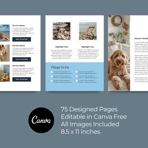May include: A printable template for a Canva design with a blue, white and grey colour scheme. The template includes a section for a service name, a call to action, a highlight section and a to-do list. The template is 8.5 x 11 inches.