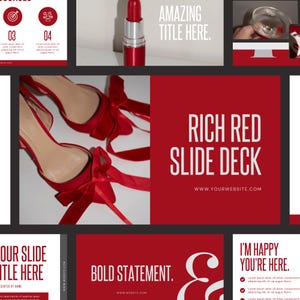 May include: A red slide deck design with the text "RICH RED SLIDE DECK" and "AMAZING TITLE HERE." The image also features red high heels with bows, a lipstick, and other design elements.