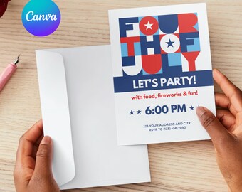 Bearbeitbare Partyeinladung zum 4. Juli - Canva-Vorlage (Digitaler Download)