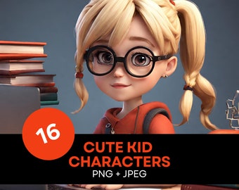 Clipart de niños chibi, personajes escolares, uso comercial (PNG, JPEG)