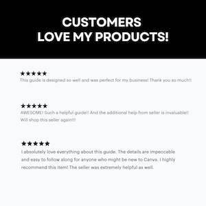 May include: Five-star reviews for a digital product. The reviews highlight the product's helpfulness, ease of use, and the seller's responsiveness. The text reads "This guide is designed so well and was perfect for my business! Thank you so much!!", "AWESOME! Such a helpful guide!! And the additional help from seller is invaluable!! Will shop this seller again!!!", and "I absolutely love everything about this guide. The details are impeccable and easy to follow along for anyone who might be new to Canva. I highly recommend this item! The seller was extremely helpful as well."