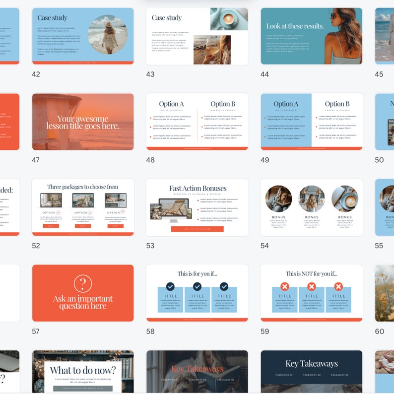 May include: A presentation slide deck with a blue and orange color scheme. The slides feature text, images, and icons. The text includes phrases like "Case study", "Your awesome lesson title goes here", "Three packages to choose from", "Fast Action Bonuses", "This is for you if...", "This is NOT for you if...", "What to do now?", and "Key Takeaways".