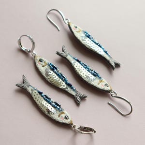 Handmade Sardine Fish Earrings: Sequined Embroidered Whimsical Jewelry